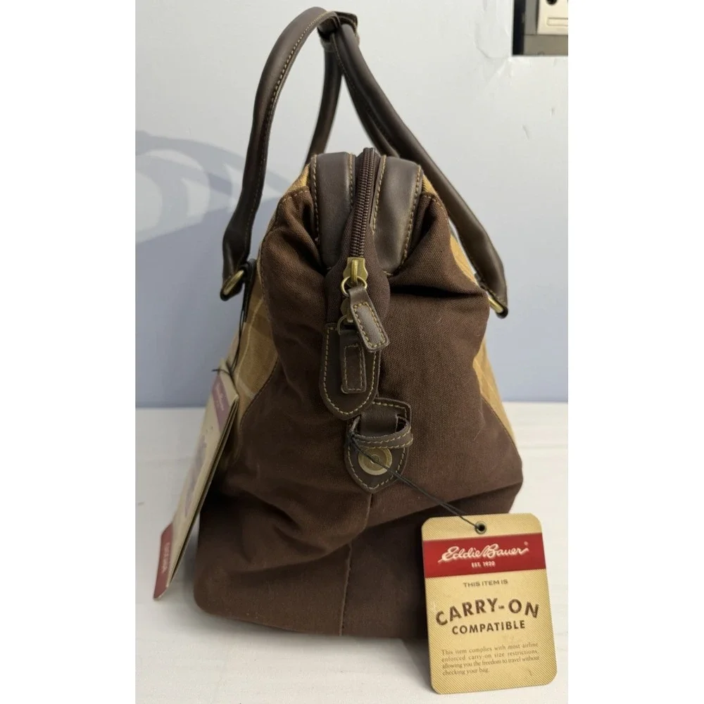 Eddie Bauer Plaid Check Brown Canvas Leather Duffel Travel Bag Luggage NWT